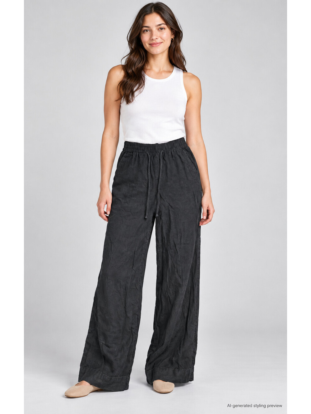A New Day Womens XS Black Linen Blend Wide Leg Pants Drawstring Waist Casual Fit